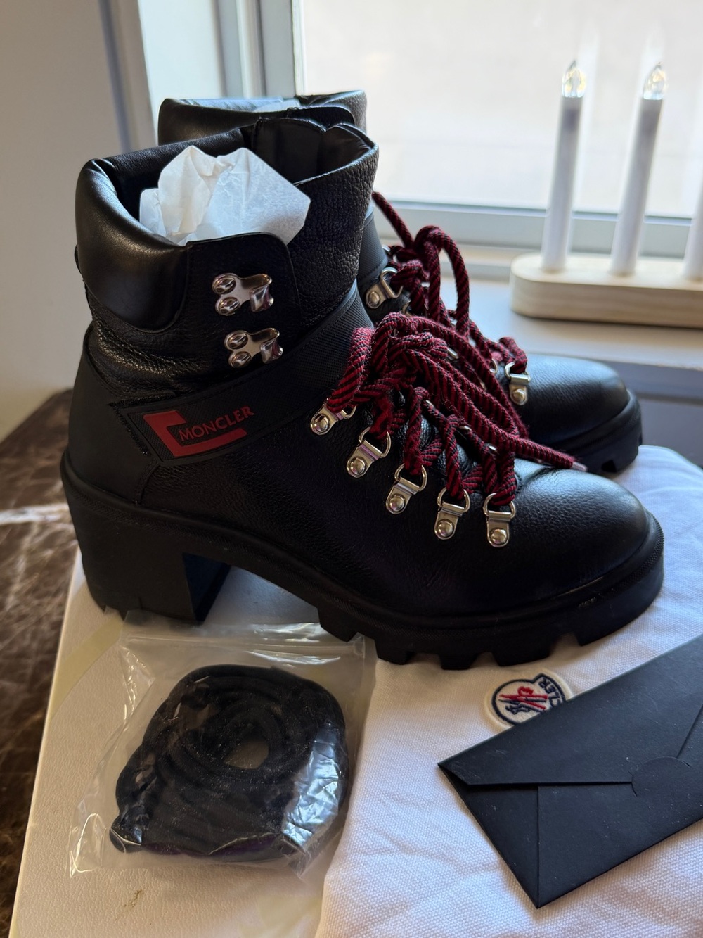 Moncler Black Leather Heeled Hiking Ankle Boots with Burgundy Laces